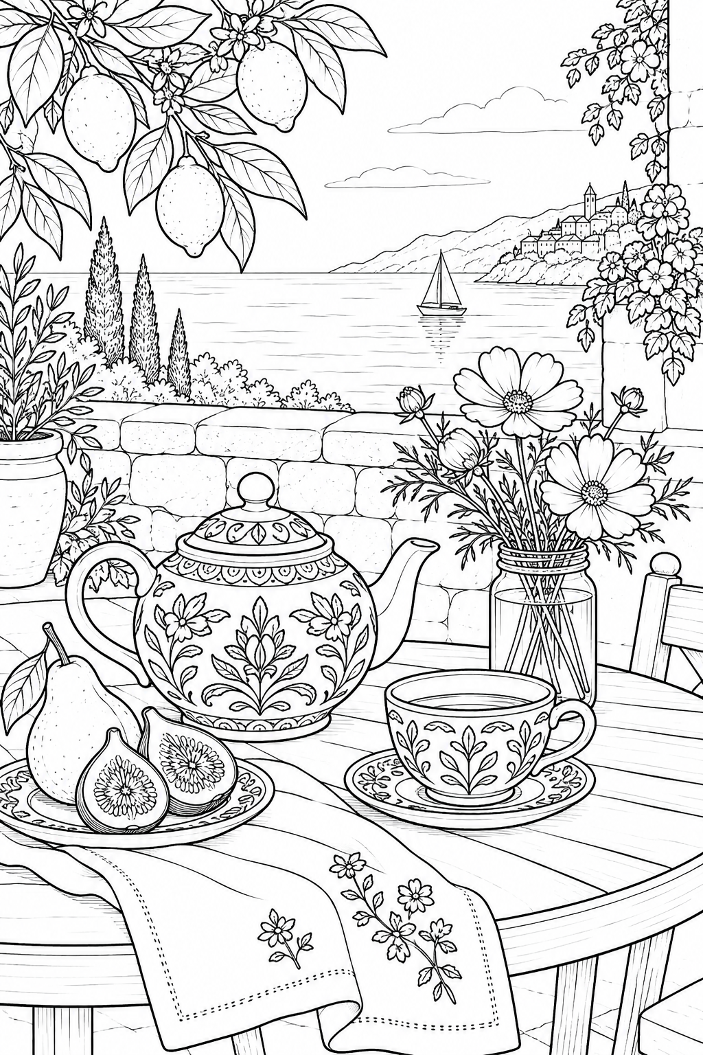 Tetera, flores y limones en una terraza mediterránea para colorear