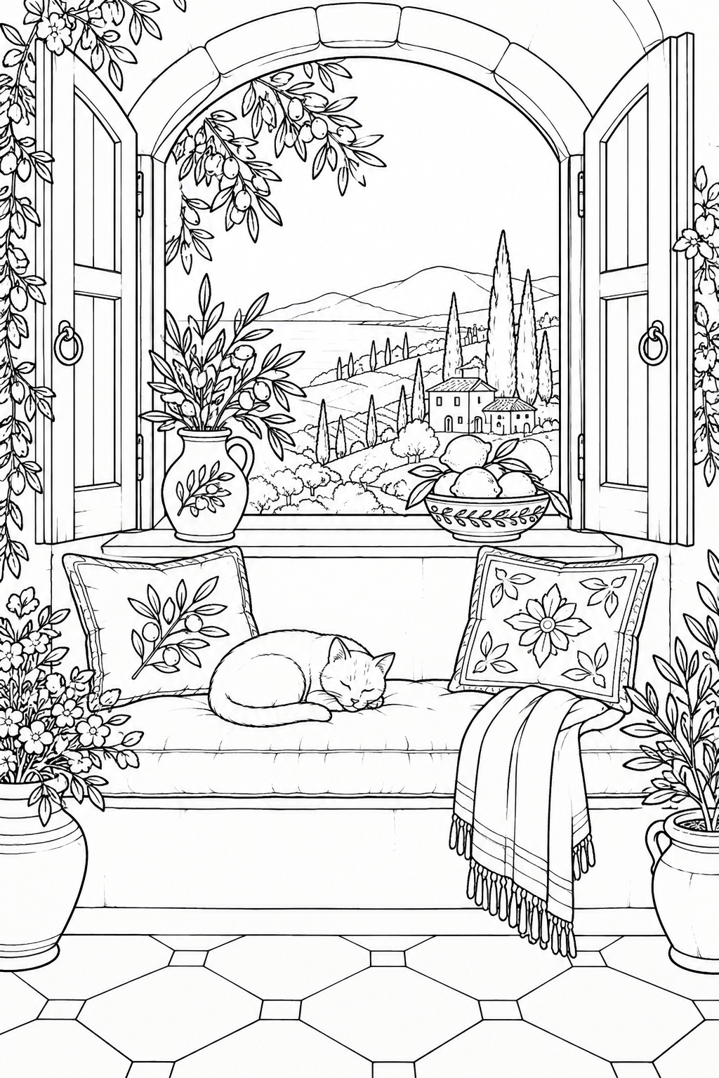Ventana con arco, plantas y gato dormido para colorear