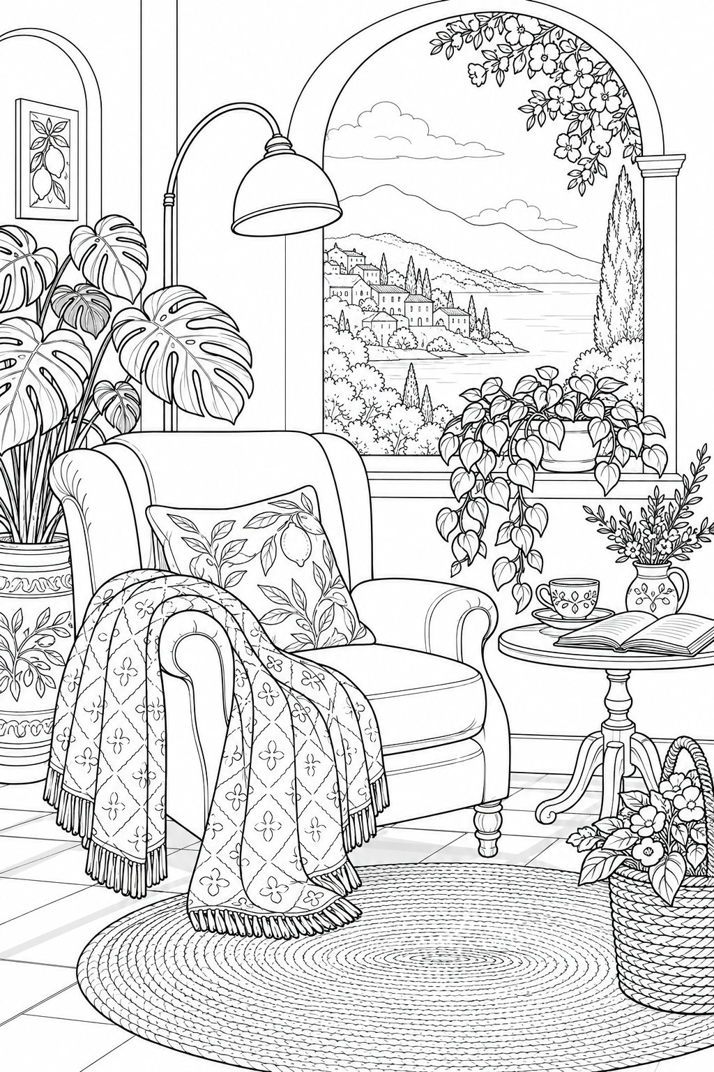 Sillón con libros, lámpara y plantas para colorear