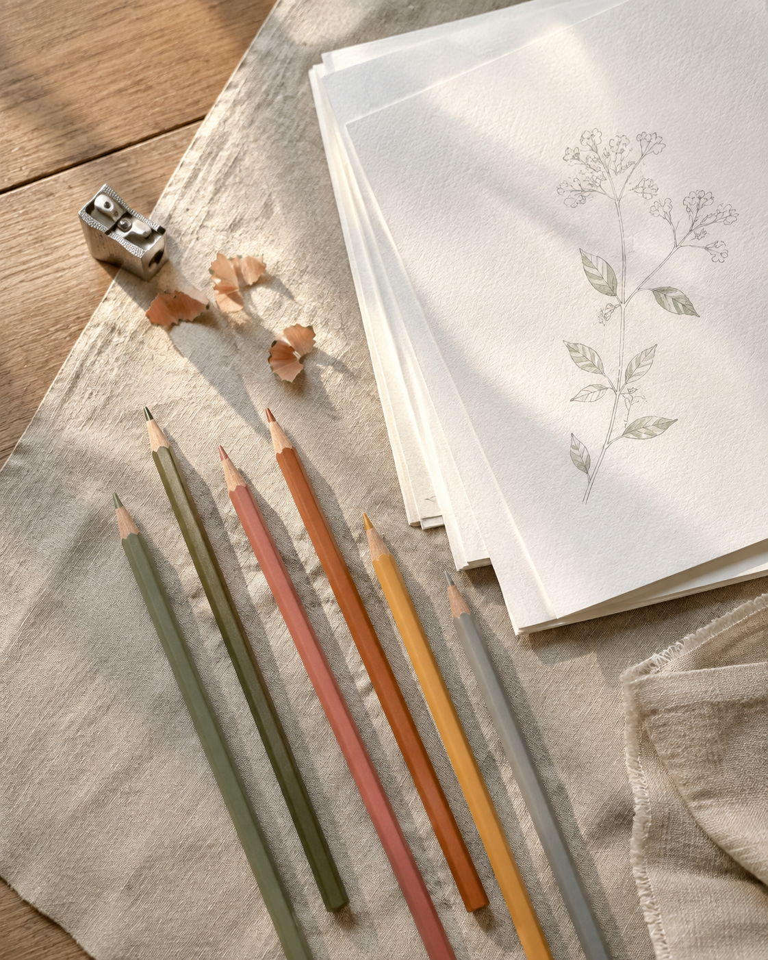 Mesa creativa con lápices en tonos naturales y papel
