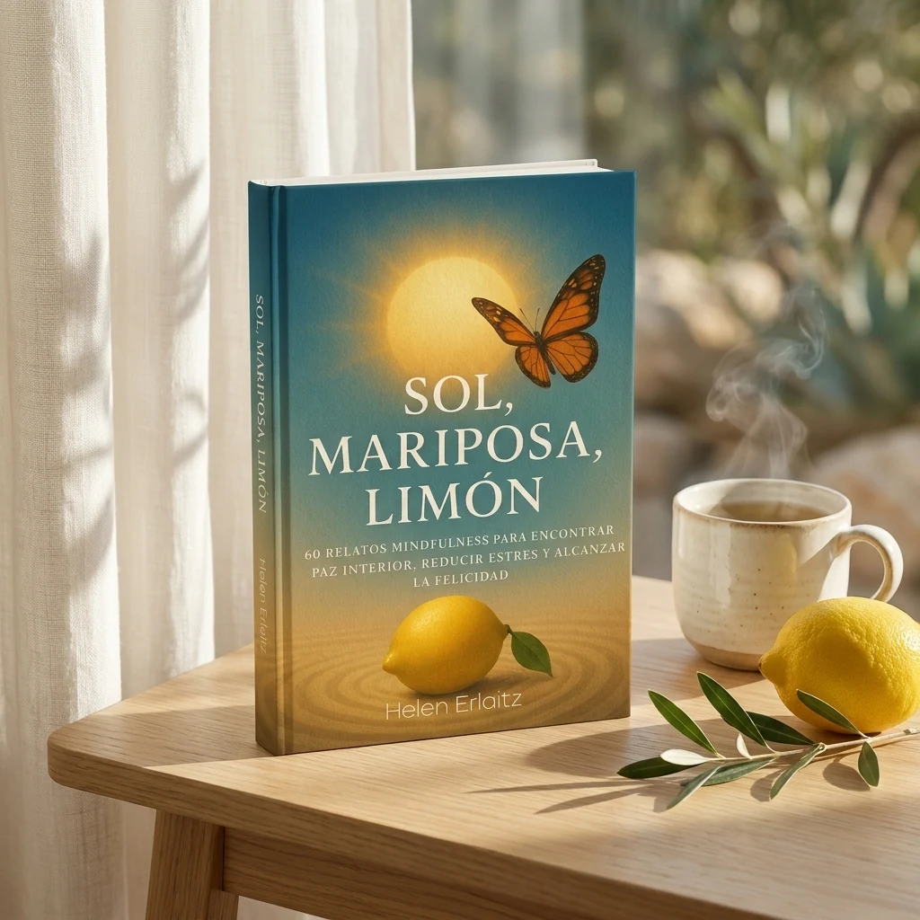 Libro Sol, Mariposa, Limón sobre una mesa de madera junto a una taza y limones