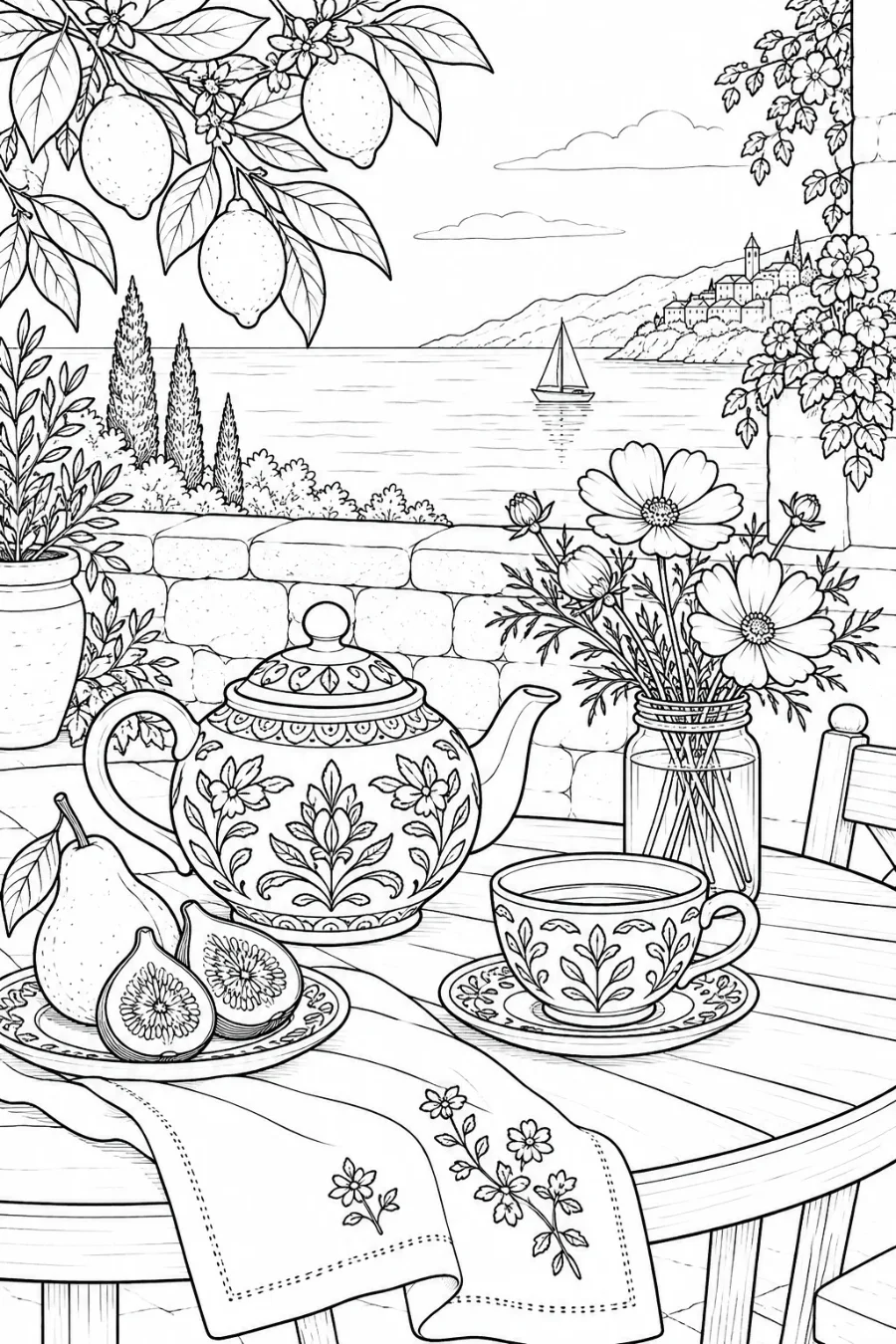 Lámina para colorear: terraza mediterránea con tetera, flores e higos frente al mar